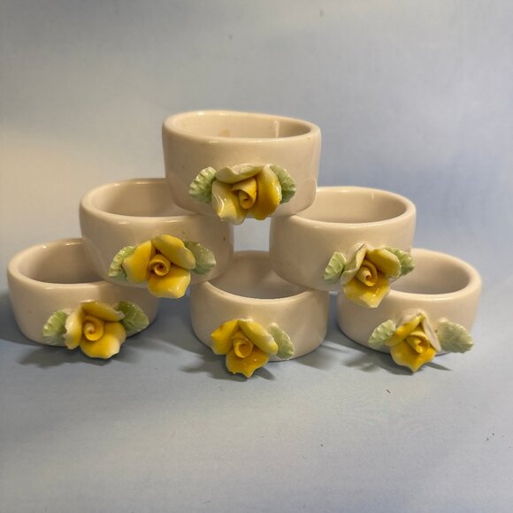 Other - 6 Vintage Porcelain Napkin Rings White with Yellow Roses and Green Leaves 2 1/8”